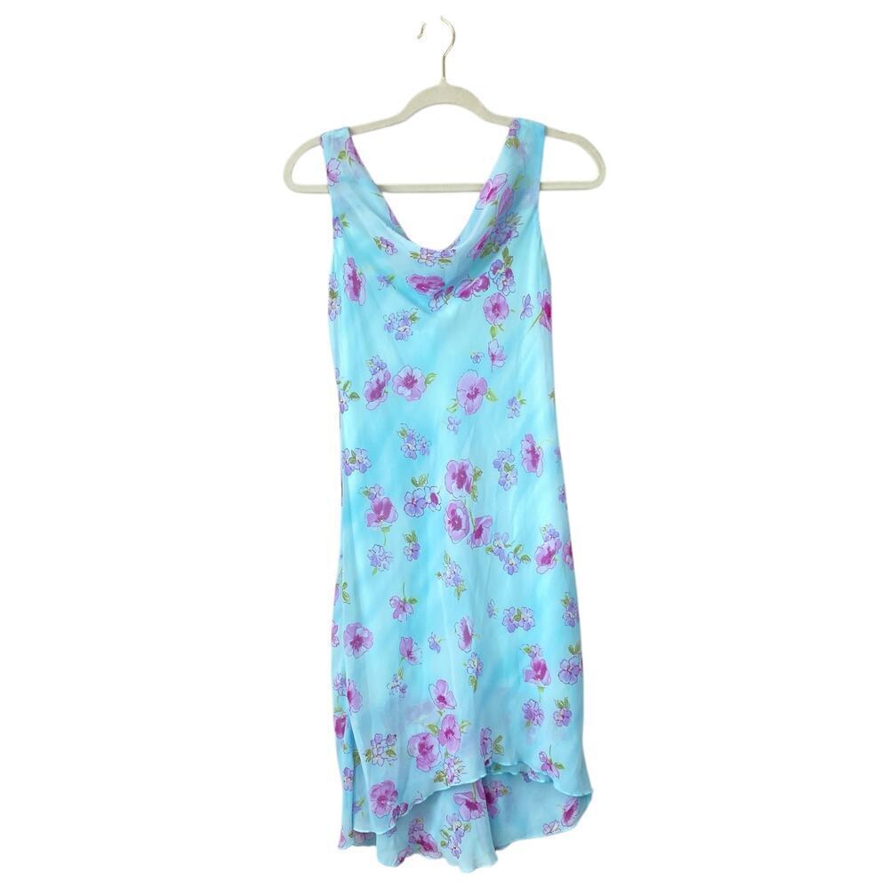 Vintage Y2K Light Blue Floral Cowl Neck Midi Dress Party Size XS Flirty Teeze Me